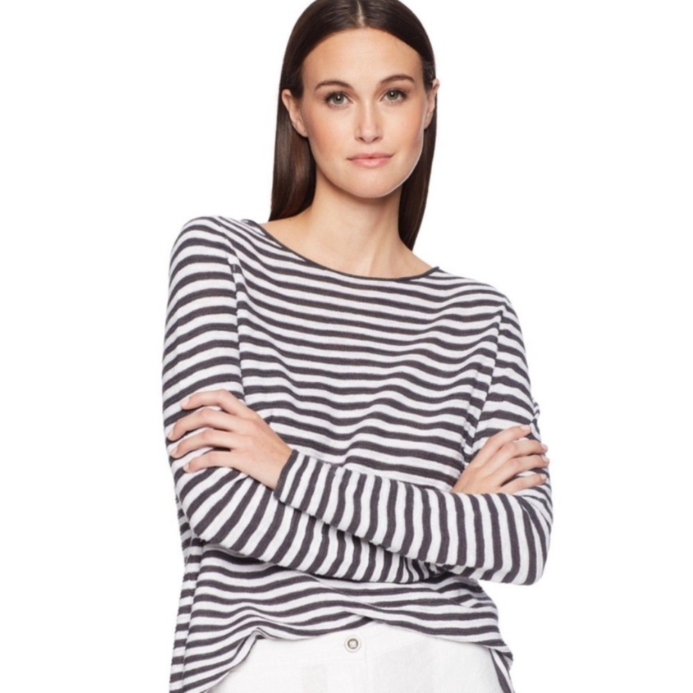 EILEEN FISHER Gray White Cotton Linen Striped Top Shirt Long Sleeve Size M